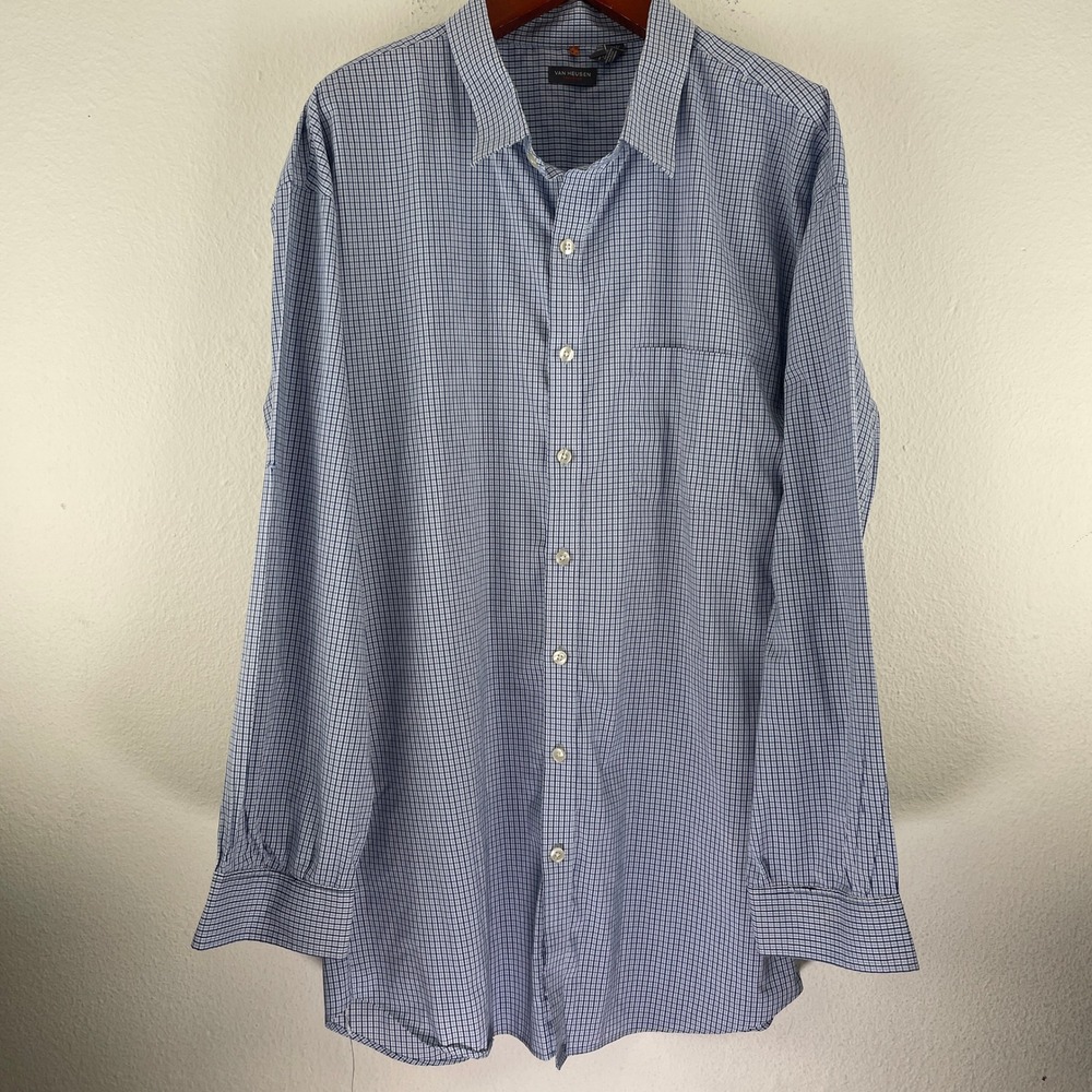 Van Heusen Traveler Mens 4XLT Blue White Micro Check Tall Slim Fit Shirt Classic